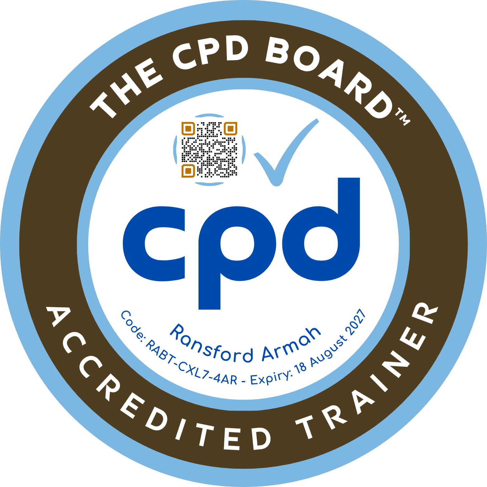 The CPD Board accredited trainer seal for Ransford Armah, code RABT-CXL7-4AR