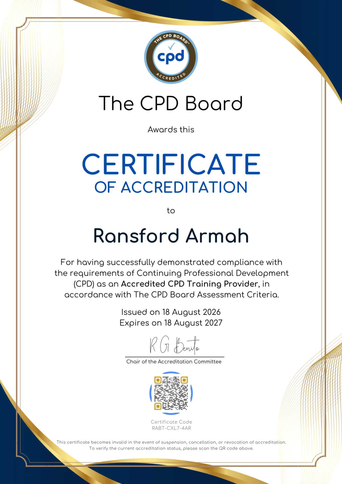 Certificate of Accreditation from The CPD Board awarded to Ransford Armah