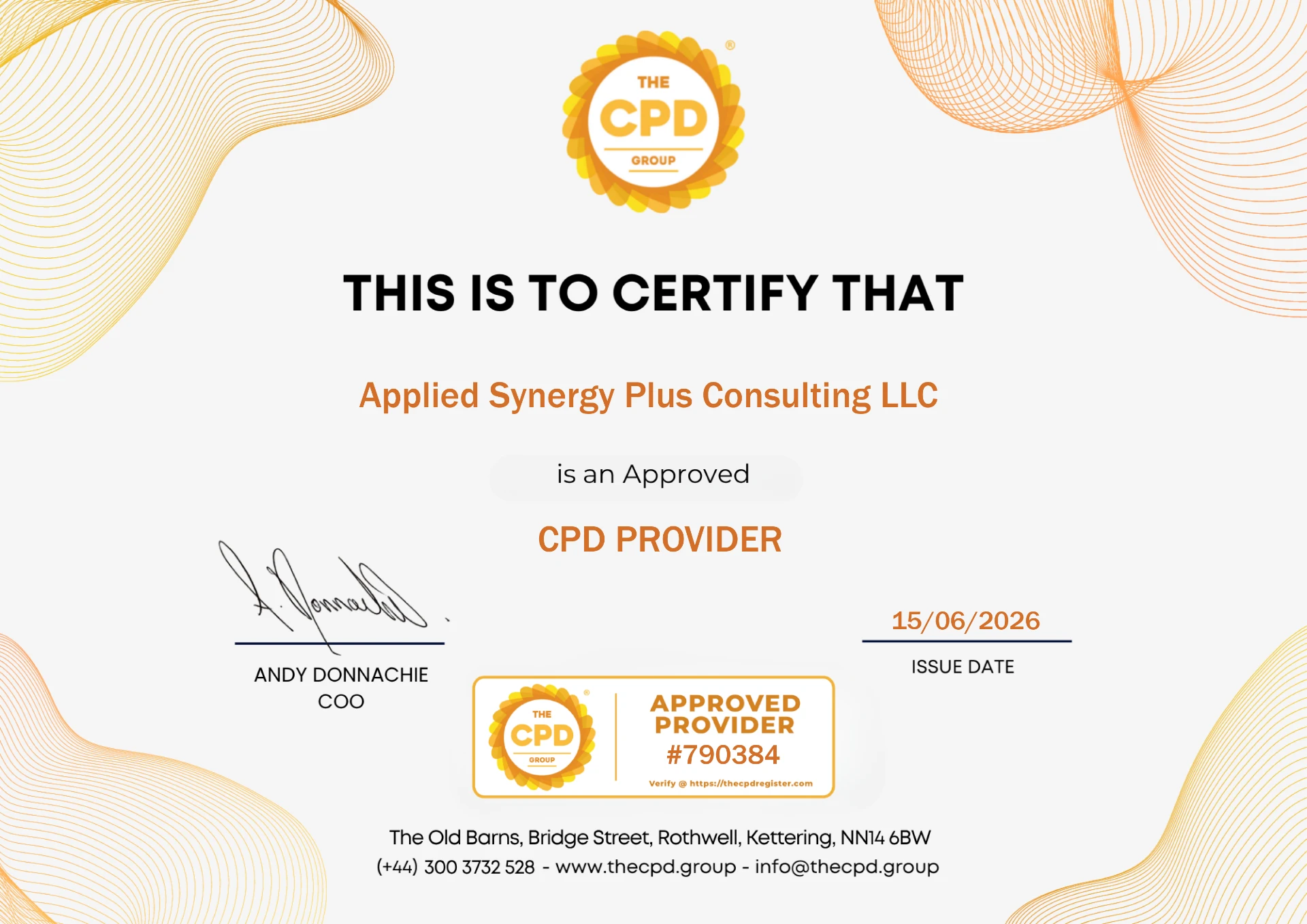 The CPD Group certificate confirming Applied Synergy Plus Consulting LLC as an approved CPD provider #790384