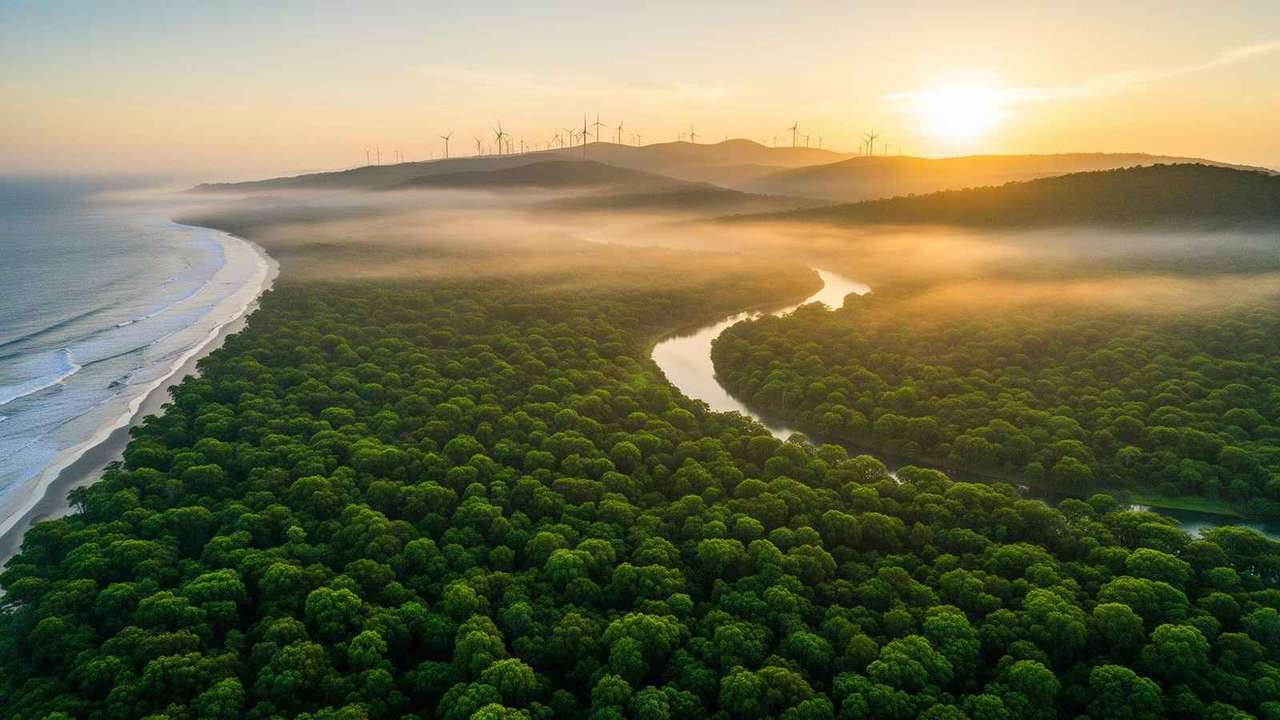 Forest meeting coastline at sunrise with wind turbines